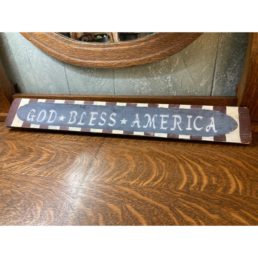 Rustic Wood God Bless America Sign Patriotic Hand Painted Wall Decor 22.5 Inch